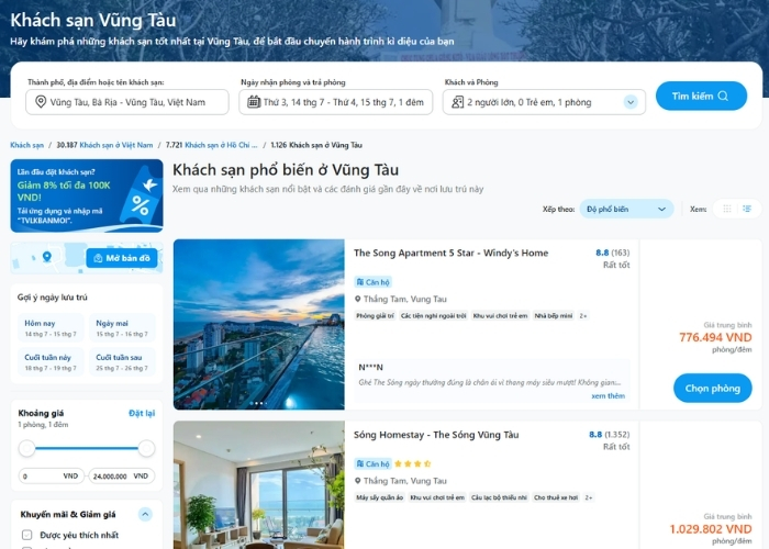 Đặt phòng nghỉ ở Vũng Tàu trên Traveloka trước 1-2 tuần để có giá tốt nhất